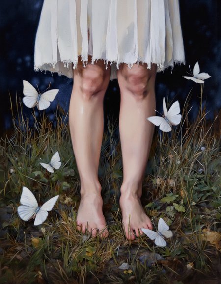 Art by Linda Delahaye. A painting of a person standing barefoot in a grassy field, surrounded by white butterflies. the focus is on the bare legs and feet of the person, with the grass beneath them and the white butterflies scattered around them. the background is a dark, indistinct space, and the lighting is soft and diffused, creating a dreamy atmosphere. the person is standing in the middle of the image, with their legs slightly apart, and their bare feet are visible in the foreground. they are wearing a white dress that is slightly frayed at the edges, giving a sense of movement and depth to the image. the overall mood of the painting is peaceful and serene, with a focus on the person's bare feet and the delicate white butterflies that surround them.