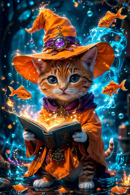 A hyper-detailed and ultra-high-definition scene depicting a magical world where a cute kitten is casting spells to summon fish from a magic book. The kitten, perfectly rendered with accurate anatomy and incredible detail, is dressed in an adorable witch's robe and hat. The kitten is holding a magic book in one paw, from which fish are jumping into the air, surrounded by a flow of magical energy. The scene captures the whimsical and enchanting atmosphere, with the kitten's full body in view, exuding a kawaii charm.
hyper-detailed, ultra-high-definition, magical world, cute kitten, accurate anatomy, witches robe, witches hat, magic book, spellcasting, fish in the air, energy flow, whimsical, enchanting, kawaii, adorable, masterpiece, amazing quality, best quality. (flying fish:1.3),
<lora:Fantasy_Wizard__Witches_SDXL:0.75>, hkmagic,
<lora:add-detail-xl:1.0>,
<lora:EnvyBetterHiresFixXL01:1.0>,
<lora:extremely_detailed:1.0>, extremely detailed,
<lora:glowneon_xl_v1:0.6> glowneon, glowing,
<lora:EldritchMixIllustration_1.1:0.25>,
<lora:SDXLFaeTastic2400:0.45>,