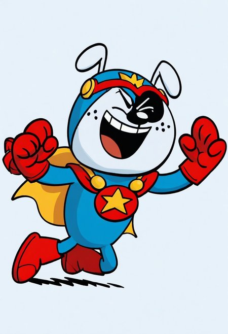 (score_9 | score_8_up | score_7_up) ((masterpiece:1))(best quality,very high quality,ultra detailed:1.2) (2D,cartoon style,anime style)(Smooth:2)(clean blurring) (four fingers on each hand,one thumb on each hand:1), solo, charles, dog, paws, dog paws, black spot on left eye, white, white fur, allá fours, happy, red blue and yellow super hero costume, blue super hero costume, super hero, red goggles, two side winged headpiece, yellow cape, thick red boots, red glove, 'A' Logo in the middle,