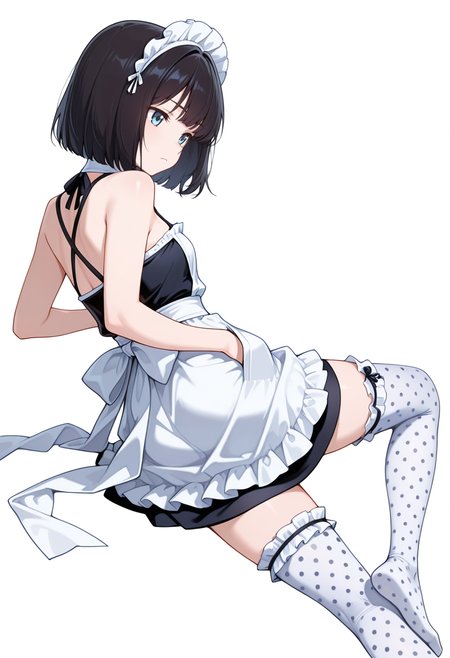 masterpiece,high quality details, absurdres,
 <lora:Sara_Takahashi:0.8> 
sara_cnr,1girl, black hair, bob cut,  short hair, bangs, blue eyes,, simple background, white background, from behind,solo,, raised eyebrow,frown,, one hand in pocket,reclining pose,peaceful mood,, criss-cross halter,maid apron,frilled thighhighs,  ,polka dot legwear pantyhose,