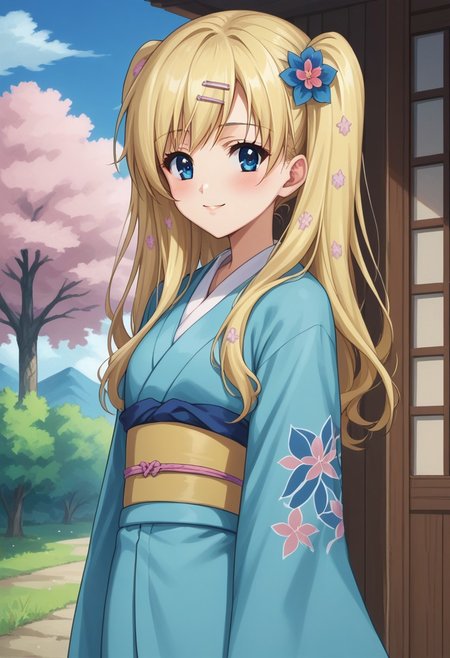 score_9, score_8_up, score_7_up, source_anime, highly detailed,
cordeliaglauca, 1girl, solo, japanese clothes, blonde hair, kimono, long hair, smile, hair ornament, blue eyes, flower, obi, sash, floral print, upper body, blue kimono,
twintails, hair flower, looking at viewer, hagoita, furisode, standing, two side up, blush, wide sleeves,
outdoor, sky, tree