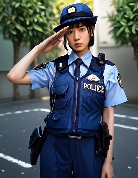 score_9, score_8_up, score_7_up, source_real,realistic, photorealistic, BREAK <lora:detailed_notrigger:0.7> <lora:zy_Detailed_Backgrounds_v1:1> extremely detailed, detailed background,
japanesePolicewoman, 1girl, police, police uniform, uniform, solo, walkie-talkie, outdoors, vest, salute looking at viewer, police hat, blue pants, black hair, pants, belt, shirt, holster, short hair, standing, gun,  <lora:BDpony_japanesePolicewoman_V1-8554:0.9>
