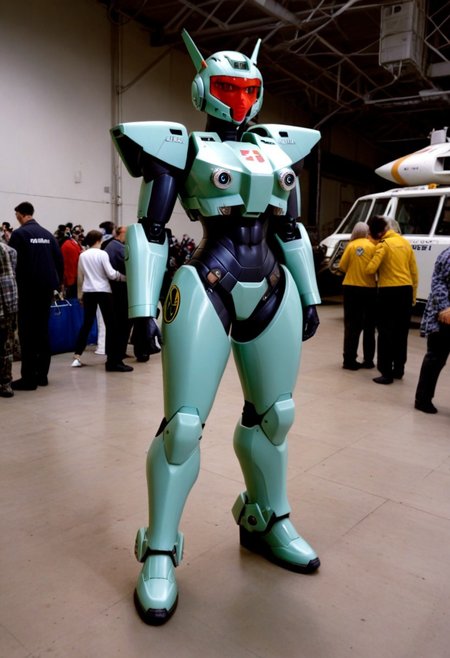 A full length 35mm photo of a sleek futuristic scene, a female gundam robot in a form-fitting gloss rwhite  armored suit with green accents, wearing leather boots, her stance exuding a sense offemininity , standing in a military hangar, smooth featureless face
TheFaceLess, Polaroid Style, Polaroid photography, over exposed style, flash photography style, Kodak, fujifilm, bright light, white light