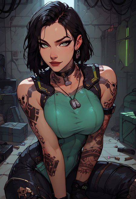 Score_9, Score8_up, Score_7_up, (((High Resolution, Best Quality))), 
1girl, solo, toned arms, sleeveless, Covered in Tattoos, neck tattoos, hair tied up, black hair, green stripe in hair,
futuristic, futuristic armor, neon green lights on bodysuit, armored suit, body armor, armor, plated armor, revealing bodysuit, tight bodysuit, tactical, military gear, toxic canisters, toxic chemicals, poision vials, 
large breasts, choker, dog tags, ear piece, 
seducing, seductive, flirty, tender, loving, playful, looking at viewer, smug, 
Sitting on ground, leaning against wall, relaxed, leaning back, arm resting on knees, arm on knee,
inside, Military, military base, military barracks, cots, crates, military boxes, guns, bullets, supplies, armory,