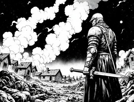 black-and-white manga style, a knight stands at the entrance of a village, his posture heavy with despair as he gazes upon the chaos within. The village is engulfed in flames, with smoke billowing into the sky, creating a stark contrast against the darkened landscape. The ground is littered with bodies, remnants of the brutal attack that he failed to prevent. The knight, clad in battered armor, grips his sword tightly at his side, its blade stained with the remnants of battle. His expression is one of deep sorrow and regret, reflecting the weight of his perceived failure to protect the innocent. The scene captures the somber atmosphere of loss and destruction. <lora:Omaro_style-000001:1.0>  <lora:NeonFantasyFLUX:0.4> <lora:RetroAnimeFluxV1:0.6> ne0nfant4sy