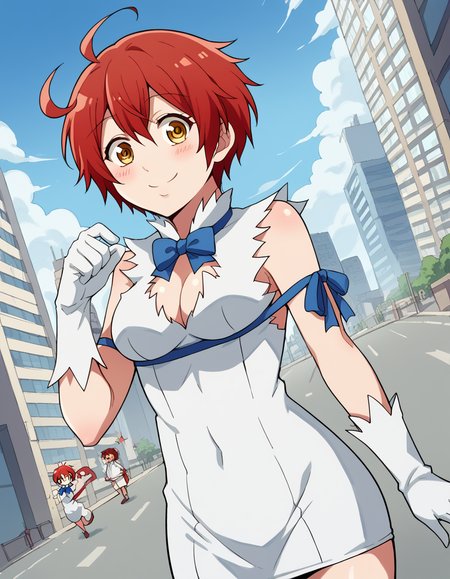 score_9, score_8_up, score_7_up, source_anime, <lora:red-blood-cell-ae3803-s1-ponyxl-lora-nochekaiser:1>, red blood cell ae3803, short hair, hair between eyes, yellow eyes, ahoge, red hair,, <lora:hestia-cosplay-ponyxl-lora-nochekaiser:1>, hestiacosplay, hestia (danmachi) (cosplay), blue bow, blue bowtie, bow, bowtie, cleavage, cleavage cutout, clothing cutout, dress, gloves, pencil dress, rei no himo, short dress, white dress, white gloves, blue ribbon, arm ribbon,, outdoors, cityscape, street, smile, blush, , cowboy shot, dutch angle