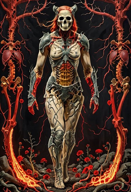 human anatomy cross-sections layers, skin peeled revealing female doom slayer blood petals musculature, femalebonedemon
 lush scarlet red hellscape, hellfire, fiery organ systems, demonic neural network harsh spikes composing bone structures, intricately detailed vascular vegetal networks, intertwining roots vine musculature, vibrant jewel-toned black spikes pistils stamens bloodied viscera, verdant emerald moss creeping skin textures, life sprouting from earthy interior, Doomguy(female) soviet poster, all written in soviet style posters, bust, upper body, focused on face, staring at the camera, smirk