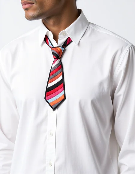 aplqueCE_style. a man wearing a white shirt with a striped applique of a necktie in the middle.