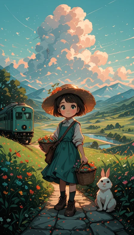 masterpiece,
pinkretroanime, retro art,
gOth1cPXL,
Cyberpunk Style, cyberpunk, science fiction, hi tech, future tech, neon, (Cybernetics:1.25), (Neon Cityscape:1), (lineless:1.5), smooth edges, In the image, a young girl with brown hair, wearing a white blouse and blue shorts, stands on a path in a pastoral setting. She is carrying a basket full of freshly picked flowers, which she offers to the viewer. The girl is looking directly at the camera with a gentle smile. A small white dog is sitting attentively next to her, gazing upwards as if following the girl's gaze. Behind them, a picturesque landscape unfolds. A train, painted in shades of blue and green, winds through the verdant countryside under a clear blue sky dotted with fluffy white clouds. The sun is setting, casting long shadows and bathing everything in soft, warm light. The overall atmosphere is one of serenity and idyllic beauty. The colors are vibrant, with the greens of the grass and trees complementing the blues of the sky and train. There's a sense of peace and simplicity captured in this moment, as if time has stood still for this snapshot of life in the countryside., 1girl, solo, looking at viewer, blush, smile, short hair, bangs, blue eyes, brown hair, shirt, black hair, long sleeves, hat, dress, holding, closed mouth, standing, full body, white shirt, flower, short sleeves, boots, outdoors, food, sky, shoes, day, socks, collared shirt, cloud, bag, black footwear, black eyes, tree, blue sky, blue dress, shadow, bird, animal, leaf, brown footwear, sunlight, bob cut, cloudy sky, grass, plant, white flower, red flower, ground vehicle, building, sneakers, child, nature, scenery, motor vehicle, pink flower, sleeves rolled up, forest, blue flower, green dress, sun hat, rabbit, handbag, shoulder bag, mountain, yellow flower, brown headwear, straw hat, horizon, hat flower, basket, female child, pinafore dress, car, road, field, house, wide shot, bridge, dappled sunlight, river, bicycle, landscape, mountainous horizon, orange flower, train, path, hill, holding basket, daisy, aqua dress, truck, picnic basket, bus, windmill
