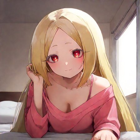 score_9, score_8_up, score_7_up, source_anime, 1girl, breasts, smile, solo, looking at viewer, shirt, indoors, off shoulder, cleavage, blush, pillow, closed mouth, on bed, collarbone, long sleeves, bed, pink shirt, single bare shoulder, bedroom, loose clothes, hand up, futon, bare shoulders, FlassoStyle, morino korisu, long hair, blonde hair, red eyes, very long hair, bright pupils, small breasts