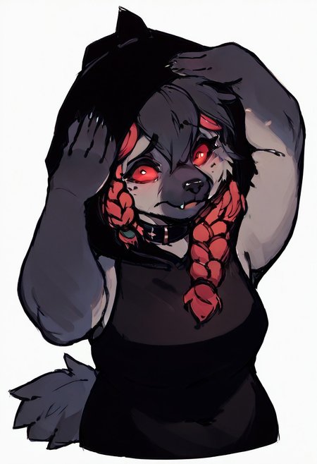 score_9, score_8_up, score_7_up, score_6_up, anthro, face shot, anthropomorphic black hyena, chubby, female, black collar, 1girl, black fur, (braid:1.3), red eyes, (black hood:1.3), black sleeveless,  black work pants, bleh meme, hands on own head