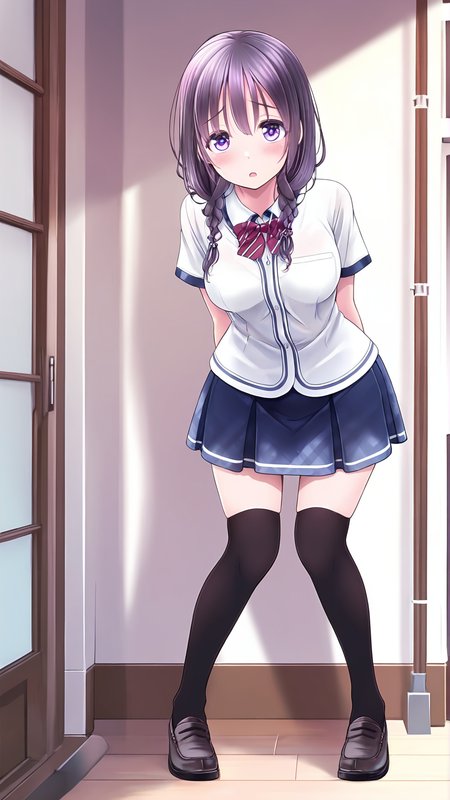 amazing quality,absurdres,best quality,masterpiece,highres,newest,detailed,detailed body,detailed face,masterpiece,best quality,solo,
å¹¸ä¹åè¼©ã¯åã®ãããªã,1girl,solo,school uniform,blue skirt,pleated skirt,short sleeves,black thighhighs,zettai ryouiki,loafers,,twin braids,long hair,hair over shoulder,purple eyes,<lora:å¹¸ä¹åè¼©ã¯åã®ãããªã:0.8>,