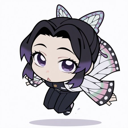 highres, hi res, best quality, masterpiece, 2d,
1girl, solo, female, eyelashes, black hair, butterfly hair ornament, gradient hair, hair ornament, multicolored hair, purple eyes, purple hair, short hair, two-tone hair, kochou shinobu, 
full body, foreshortening, looking at viewer, jumping, bent legs, floating, from above, chibi, meme, parody, triangle mouth, flat color,
depth of field, white background, simple background, <lora:ZZZ_Stroll_Sticker_ILXL:1>,