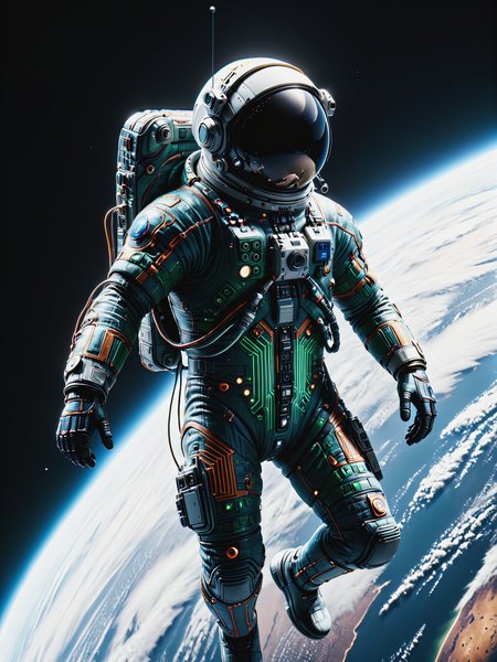 mad-circuit astronaut floating in orbit of earth, cinematic shot, detailed illustration, cinematic shot <lora:Coloruful_Circuit_SDXL_v2:1>