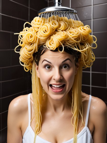 (shower that spits spaghetti:1.6),  pile of spaghetti (shampoo:1.2) on head, curlers
<lora:xl_more_art-full_v1:1.0>
