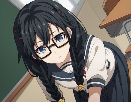 score_9, score_8_up, score_7_up, source_anime,
sumirekosanshokuin, <lora:sumireko-sanshokuin-s1-ponyxl-lora-nochekaiser:1>
sumireko sanshokuin, long hair, black hair, blue eyes,
hair ornament, braid, glasses, twin braids, black-framed eyewear, skirt, hair ornament, school uniform, serafuku, black skirt, long skirt,
indoors, classroom, bent over,
looking at viewer, cowboy shot, dutch angle, solo,