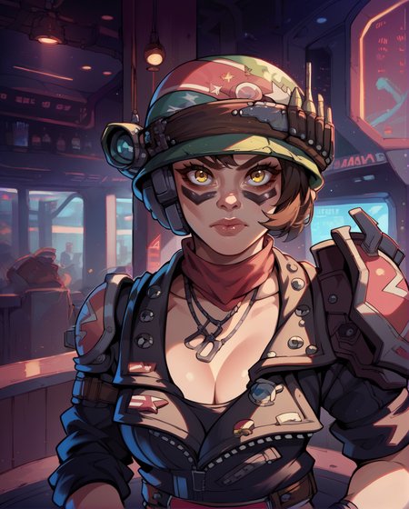 score_9,score_8_up,score_7_up,
Mozexl,short brown hair,yellow eyes,cheek facepaint,hands in pockets,
helmet,fingerless gloves,necklace,belt,shoulder armor,scarf,leather jacket,midriff,cleavage,
standing,upper body,looking at viewer,
underground bunker,
<lora:MozeXL:1>, solo,