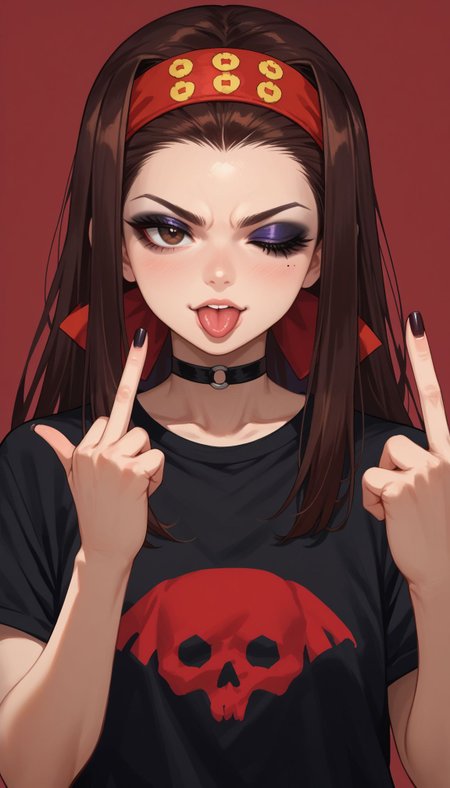 score_9, score_8_up, score_7_up, score_6_up, 
 <lora:lastA:1> 1girl, long hair, brown eyes, brown hair, one eye closed, red headband, black shirt, t-shirt, black choker, goth, eyeliner, eyeshadow double middle finger, tongue out,