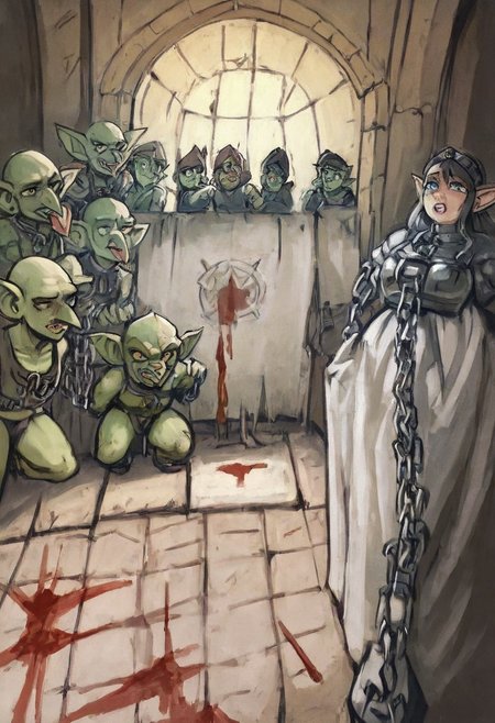 score_8_up. score_7_up, score_9, uncensored, 33dotdot, 33DOTDOT, mirham, hdr, hd, hyper realistic,  vintageillustration,
Medieval prison, chains, blood,
indoors, castle, medieval furniture, night, moon shine, simple background, navel, indoors, 
0girl, 0 girls,
solo boy,
1boy, 1goblin, goblin male, goblin in shackles, goblin defeated, goblin slave, boy slave,
darkly, gloomy,
interesting view, interesting angle,