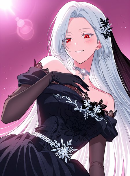 <lora:Raviel_Ivansia__SSS_Class_Suicide_Hunter__Illustrious:1>
1 girl, solo, long hair, white hair, straight hair, red eyes,
black off-shoulder gown, lace embroidered dress, black floral patterns, sheer sleeves, long black gloves, black veil, side hair ornament, silver waistband, gothic jewelry, choker necklace, 
score_9, score_8_up, score_7_up, very aesthetic, source_anime, detailed, high quality, beautiful, detailed eyes, masterpiece, best quality, absurdres, perfect anatomy, dynamic low-angle shot, looking down while smiling brightly, wind blowing through hair, one hand near chest, flushed cheeks, dramatic lighting from behind, glowing rimlight, cinematic lens flare, soft pinkish background, ethereal atmosphere, anime style