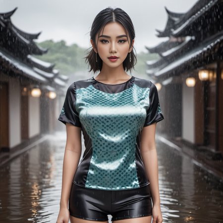 (full body shot) cute one asian women wearing a Optical illusion patterns  satin_teeshirt, Slicked-back hair  hair style, hyperdetailed photography,4k textures,intricate details,4k resolution  wetlook raining water scene, ((dark cinematic still))   <lora:satin_teeshirt_v1:0.7>