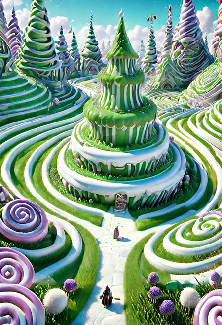 castle , A traveler contemplates a gigantic labyrinth made up of dozens of white, grass, medical towers. Candy labyrinth , evil villain