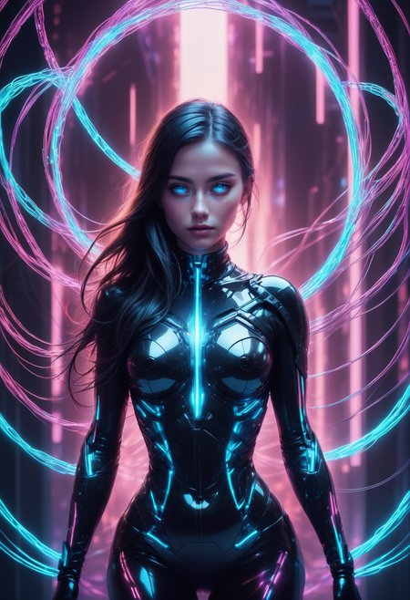 masterpiece, high quality, anime style, 2d,heijzel is a cyborg made of Jed-CyFut<lora:CyberFuturisticStyle:0.7> , black choker,medium teardrop breasts,, Heijzel <lora:HeijzelSDXL-000005:0.95>,, Heijzel is a cyborg, created to arouse lust and desire in the other person, her body is well formed, her suit is connected to her body, cables protrude from her bodysuit to the technical devices in the background, the cables are charged with neon light and fill the woman with energy, many cables merge in the most harmonious way of caos in a symbiosis with the background, a sci-fi scenery created to captivate the viewer, Heijzel is pure seduction,  <lora:SDXLFaeTastic2400:0.4>