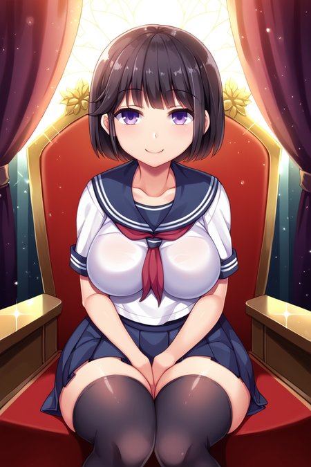 score_9, score_8_up, score_7_up, BREAK
PONYXL_STYLE_Riumu_ownwaifu, 
1girl, large breasts, pleated skirt, school uniform, black thighhighs, purple eyes, smile, short hair, serafuku, red neckerchief, bangs, black hair, short sleeves, collarbone, blue skirt, white shirt, blue sailor collar, zettai ryouiki, impossible clothes,
(sitting on throne, sitting, throne), throne room, straight-on, curtains, light particles, bokeh, loaded interior, indoors, <lora:PONYXL_STYLE_Riumu_ownwaifu:0.75>, solo,