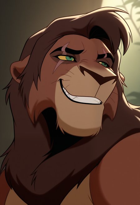 masterpiece,best quality,amazing quality, 1boy, solo, k0vu, anthro lion, bara, brown fur, dark brown mane, colored sclera, green eyes, scar across eye, close up, side angle, smirk,