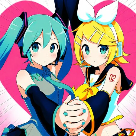 masterpiece, best quality, absurdres, 2girls, yuri,  Hatsune Miku, kagamine rin, SLLT, holding hands, interlocked fingers, arm up, looking at viewer, heart (symbol), emphasis lines, upper body