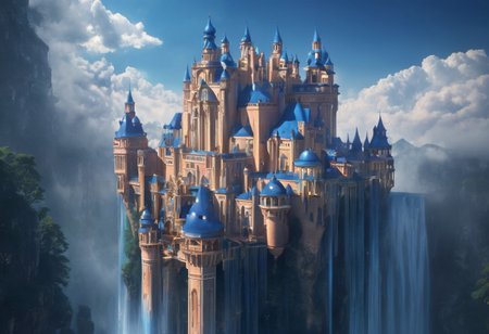 a floating castle in the air, a waterfall flows from the castle to the ground, epic composition, detailed, parts of the castle are made of deep blue crystal, intricate, flying cloud castle, palace floating in the sky, fantasy matte photo, castle in the clouds,  high fantasy matte photo, fantasy matte photo, matte fantasy photo, dreamy matte photo, castles floating in mid air, high fantasy castle, fantasy architecture, an immense floating castle