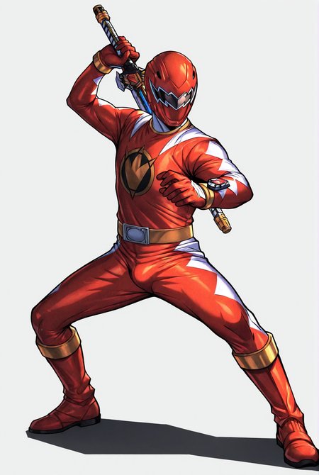 score_9,score_8_up,score_7_up,male focus,ultra-detailed,high resolution,digital painting,8k,1boy,solo,full body,male focus,detailed face,red bodysuit,helmet,belt,bodysuit,armor,tokusatsu,gloves,mask,super d1n0 red,horns,holding weapon,spread legs,fighting stance,bulge,simple background,(white background:1.1),<lora:add-detail-xl:1>,<lora:LYDart StyleIlluLYCO:0.2>,ydart,<lora:Dino Ranger Red:0.7>,