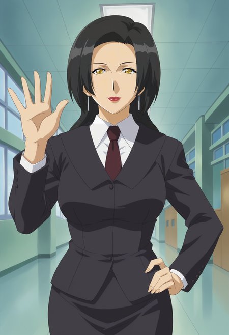 <lora:Hijiri_Kanata-Girls_Bravo:0.8>1girl,solo,Hijiri Kanata,long hair,black hair,yellow eyes,lipstick,earrings,mature female,formal,necktie,shirt,jacket,pencil skirt,suit,hand on own hip, waving,looking at viewer, smile,cowboy shot, indoors