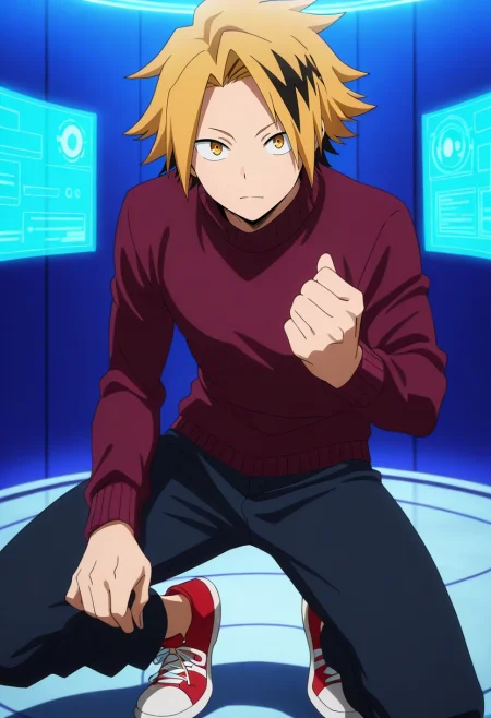 masterpiece, best quality, , anime screencap, , , looking at viewer, , 1boy, solo, male focus, <lora:denki_kaminari_ilxl:0.96>, denki_kaminari, blonde hair, yellow eyes, short hair, spiked hair, multicolored hair, two-tone hair, black hair, streaked hair, quantum lab, holographic displays, energy fields, floating data, analyzing pose, focused expression, blue lighting, Wool Floral Coral Wide-leg pants, Maroon Mock neck sweater, Chukka sneakers, , and