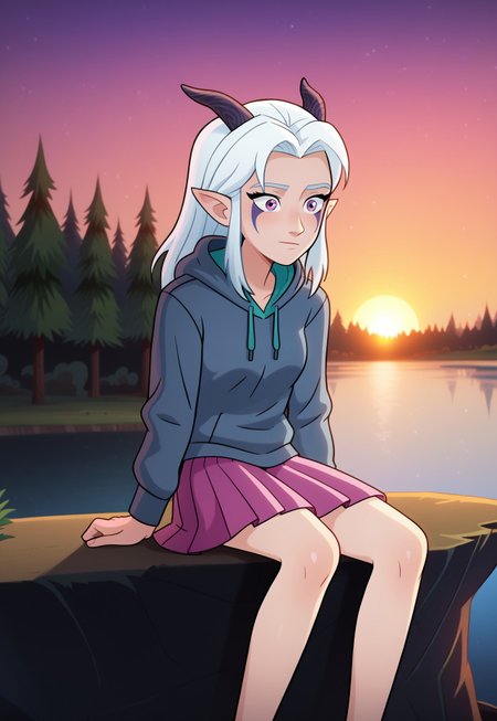 mangamaster, 1girl, solo, Rayla, White Hair, Elf Ears, RayHorns, RayFacepaint, Colored Skin, Four Fingered Hand, grey hoodie, blue shirt, pink skirt, pleated skirt, denim jacket, sunset, sitting on a cliff edge, trees
