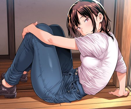 masterpiece, best quality, amazing quality, sfw, 1girl, solo, shirt, pants, looking at viewer,  sitting,   <lora:Aino Chie style ILL-v2.1:1> ainochie_style