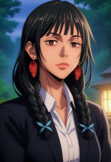 score_9, score_8_up, score_7_up, source_anime, intricate details, anime screencap, perfect balance, official art, extremely detailed CG unity 8k wallpaper, perfect lighting, Colorful, Warm_Front_face_Lighting, (masterpiece:1.0),(best_quality:1.0), ultra high res,4K,ultra-detailed, photography, 8K, HDR, highres, absurdres:1.2, Kodak portra 400, blurry background, bokeh, lens flare, (Anime) (vibrant_color:1.2), professional photograph, night, (cute_face:1.2), 2d, anime, upper body, intricate iris, American, Professional character design, 1girl, female focus, (Brown eyes), perfect eyes, (black-hair), Native American, Indigenous, American Indian, youthful, solo, jujutsu_kaisen_style, character portrait, (perfect-lighting), face, young, (Dark-black-hair), Long hair, (Native American), Indigenous, American Indian, (wild hair), (((wild eyes))), (Native North American), (Upturned eyes), (high cheekbones), (strong jawline), (Black Hair), ((((Native-American-Eagle-feather-braids, Native American Eagle feather accessories)))), (Black Cowboy Jacket), (((wild eyes))) ((Bobbed Bangs)) (((Slanted-Eyes))) (Psycho) (Happy) (Friendly) (Goofy) (Dark Black Jacket) (White Dress Shirt), (Blue Warpaint), (Redwood Forest, Pacific Northwest Forests), (Inuit), (Tan skin), (Dark Skin), (Brown skin), (bobbed hair), White Eagle-Feather-Earrings, Thick Bangs, Bobbed hair, Bob-cut, White-Feather-Earrings, Brown-skin, Inuit Face-paint