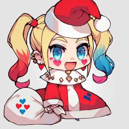 score_9, score_8_up, score_8,  ,,, zzPadoru, harley_quinn, 1girl, long hair, smile, open mouth, blue eyes, blonde hair, simple background, long sleeves, white background, holding, twintails, jewelry, :d, heart, earrings, piercing, ear piercing, red headwear, holding sack,   ,<lora:PadoruMemePDXL:1.0>,   ,,, smile, looking at viewer,  ,,, embedding:zPDXL,  <lora:SDXLFaeTastic2400:0.5>,