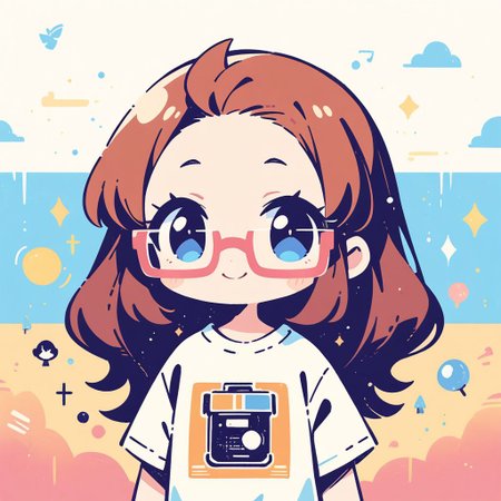 masterpiece, best quality, very aesthetic, absurdres,
1girl, chibi,
 <lora:stampsticker:1> (simple retro design, logo, manga style, 2tone), solo, brown hair, wavy hair, long hair, rectangle eyewear, smile, forehead, t shirt, jacket, adult