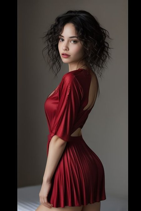 bellissima, laperla style, realistic, 1girl, solo, a woman i n a red dress with a spaghetti - neckline and a short skirt  sexy pose standing in a luxurious hotel room