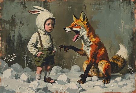 (gl1tchc0re, vantablack, anhei, ezh1k), 
(masterpiece, best quality, high-res, 4k textures, ultra detailed:1.25),
A painting two characters - child boy and animal.
On the left ((3/4 side view)) is a boy stands ankle-deep in a snowdrift, wearing in a white rabbit costume with long ears on hat. His face is round and pale with a sad expression. The child in a white long-sleeved shirt, hands inside pockets dark-green shorts with braces and white Birch pattern stockings under sandals.
On the right is a side view of a laughing fox, ((gives the child right paw)), with exaggeratedly expressive emotion on her face. She has a large open mouth with a pink tongue and sharp teeth. On the floor is a fluffy tail, reddish-brown fur with a white underbelly, dark brown ears and paws.
The background is a textural abstract mix of muted (green, brown and grey) tones creating a sombre atmosphere. The style is soft impressionism, and the prominent brushstrokes give the scene an emotional depth of melancholy and introspection.