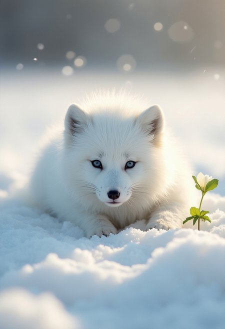 This is a professional artistic photograph capturing a serene winter scene. The camera is positioned at ground level, directly on the snow, facing a smooth expanse of pristine white. The surface of the snow is flawlessly untouched, stretching out across the plain. A biting, icy wind sweeps across the scene, lifting particles of snow and creating an interaction with the rays of sunlight, dynamics of light and movement. The wind's force is evident as it gently disturbs the otherwise smooth surface, adding a sense of stark, natural beauty. In the foreground, a cute young white arctic fox cub lies partially submerged in the deep snow, its head and part of its body visible above the surface, gray-blue eyes, facing the camera. The fox's pristine white fur blends perfectly into the snow, making it appear almost ethereal against the windy landscape. The fox looks amazed as he watches a pretty little primrose flower emerge from the snow, the first flower of the year. The wind ruffles the fox's fur, adding a sense of motion to the scene. The background is a soft, blurred mix of snow and a hint of winter landscape with a few rays of sunlight shining through, allowing the fox and flower to stand out. The overall composition creates a cute and captivating visual experience, highlighting the tranquil yet dynamic atmosphere of a snowy day.