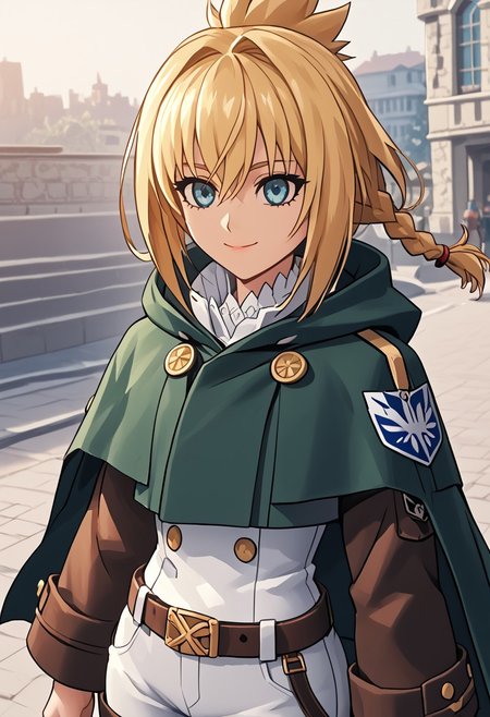 score_4,score_5,score_6,score_7_up,score_8_up,score_9 ((masterpiece,best quality,ultra detailed,highres,HD,4k:1.2)), 
Azure Striker Gunvolt(Main),shining highlights,
1 girl,solo,girl focus,solo focus,upper body,face focus,
blonde hair,long hair,braided ponytail,spiked hair,single braids,blue eyes,
<lora:paradis-military-uniform-ponyxl-lora-nochekaiser:1>, paradis military uniform, belt, cloack, cropped jacket, emblem, green cloak, jacket, long sleeves, pants, shirt, thigh strap, uniform, white pants, white shirt, brown jacket,
outdoors,
smile,light smile,