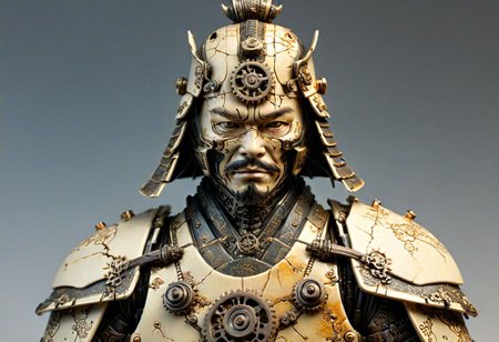 cracked porcelain samurai statue, weathered, intricate gears, clockwork mechanisms, reborn, steampunk automaton, cinematic lighting, hyper-realistic, golden patina, detailed textures