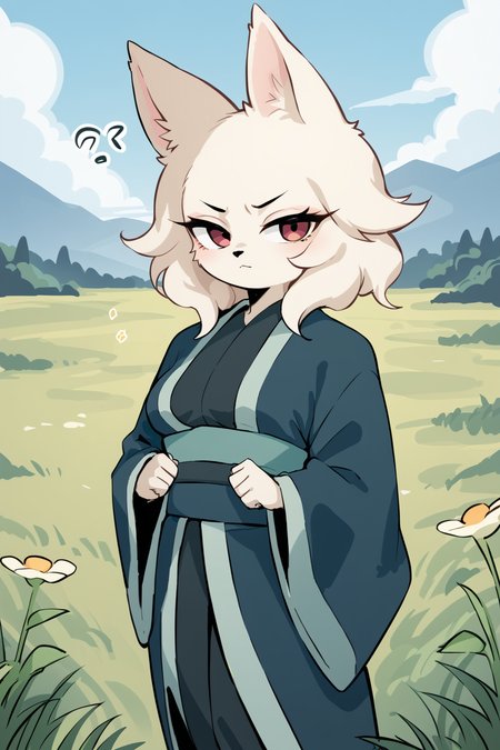 score_9, score_8_up, score_7_up, score_4_up, score_5_up, score_6_up, source_anime, <lora:Heng_Nine_Sols:0.7>, furry, anthro, body fur, white fur, fluffy fur, animal nose, large eyes, narrowed eyes, long eyelashes,  animal ears, medium breasts, grass, looking at viewer
skindentation, kimono, robe, cloak,
(confusion, (skeptical incredulous mistrustful leery:1.1) , closed mouth, (one brow up:1.1), ),