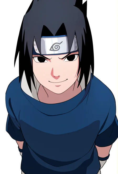 masterpiece, best quality, very aesthetic, absurdres,
1boy, uchiha sasuke, black hair, black eyes, 
forehead protector, blue shirt, 
arms behind back,
smile, solo, looking at viewer, simple background, white background,    <lora:SasukeGeninNoobXL_byKonan:1>