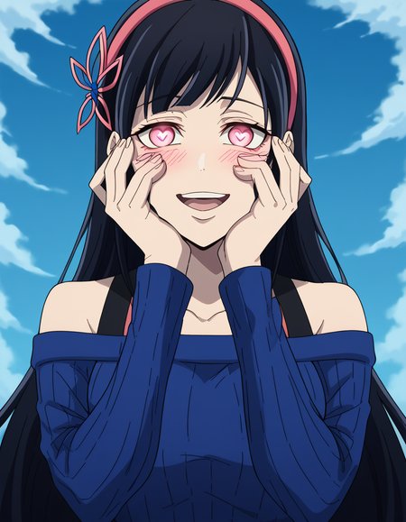 score_9, score_8_up, score_7_up, source_anime, <lora:yihwa-yeon-s2-ponyxl-lora-nochekaiser:1>, yihwa yeon, long hair, bangs, black hair, hair ornament, pink eyes, very long hair, hairband, large breasts,, long sleeves, bare shoulders, collarbone, off shoulder, sweater, butterfly hair ornament, off-shoulder sweater, laundry day, clothesline, drying clothes, domestic life, fresh air, blue sky, , <lora:yandere-trance-ponyxl-lora-nochekaiser:1>, yandere trance, yandere, hands on own cheeks, hands on own face, crazy eyes, crazy smile, crazy, heart-shaped pupils, glowing eyes, symbol-shaped pupils, hand on own face, open mouth, glowing, blush, looking at viewer,, looking at viewer, solo,, dutch angle, cowboy shot