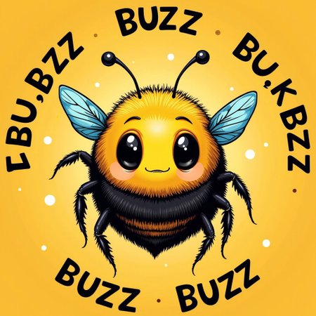 simplistic demented-looking bumble bee with the text "BUZZ BUZZ BUZZ" written all around the bee, black eyes, (thousand yard stare, (mouthless, no mouth) greatest quality, best quality, cute, buzz