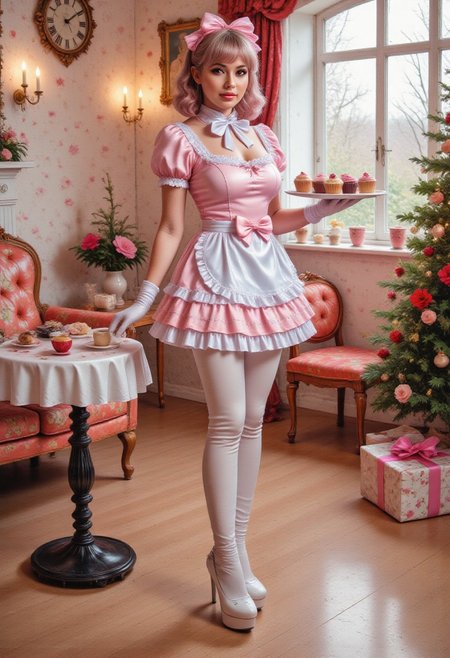 Professional photo of a beautiful mature waitress wearing pastel latex maid uniform with a short white waist apron decorated with many latex bow and frills. She has medium pastel hair with a hair ribbon on top. She is also wearing short rubber gloves and platform high heels. She is holding a serving tray with cupcakes in a maid cosplay cafe.
swe3tjsk, pastel anime,
(latex:1.2), indoors, maid cafe, [christmas living room], tables, solo,
(shiny glossy latex clothing, gleaming oily latex fabric:1.1)