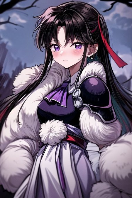 masterpiece,  best quality 1girl Setsun4 solo long hair,  (night time) forest background black hair very long hair purple eyes multicolored hair armor (fur trim) (medium body),<lora:EMS-179-EMS:0.800000>,<lora:EMS-293862-EMS:0.800000> bow, hair_bow, hair_tubes, red_bow, brown_hair, long_hair, bangs, ascot, frilled_bow, yellow_ascot, blush, smile, hair_between_eyes, athletic, armor, miko